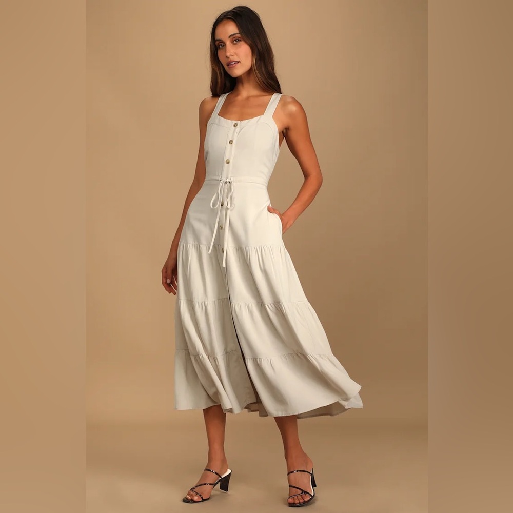 Lulu's Cream Button-Front Tiered Midi Dress